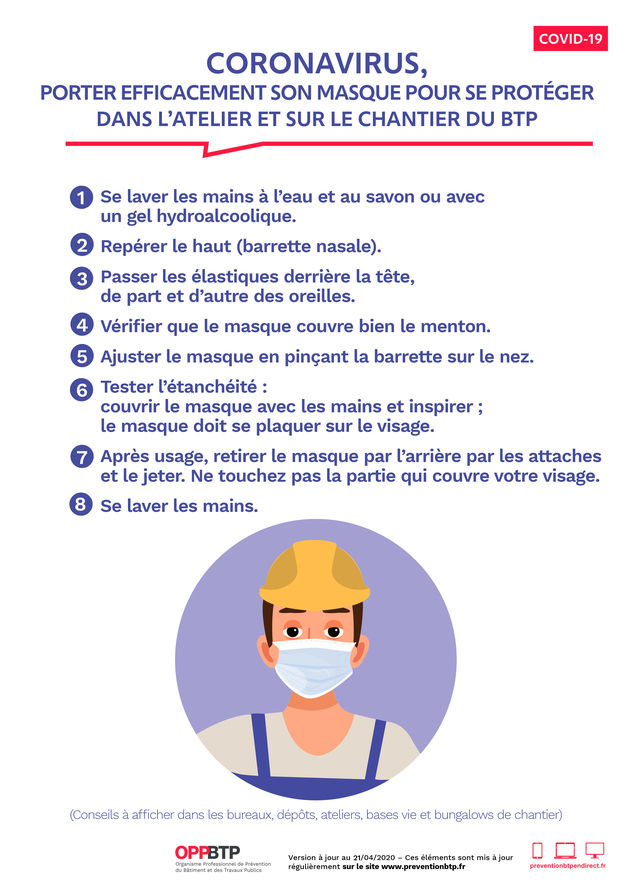 Coronavirus, porter efficacement son masque pour se protéger dans l’atelier et sur le chantier du BTP
