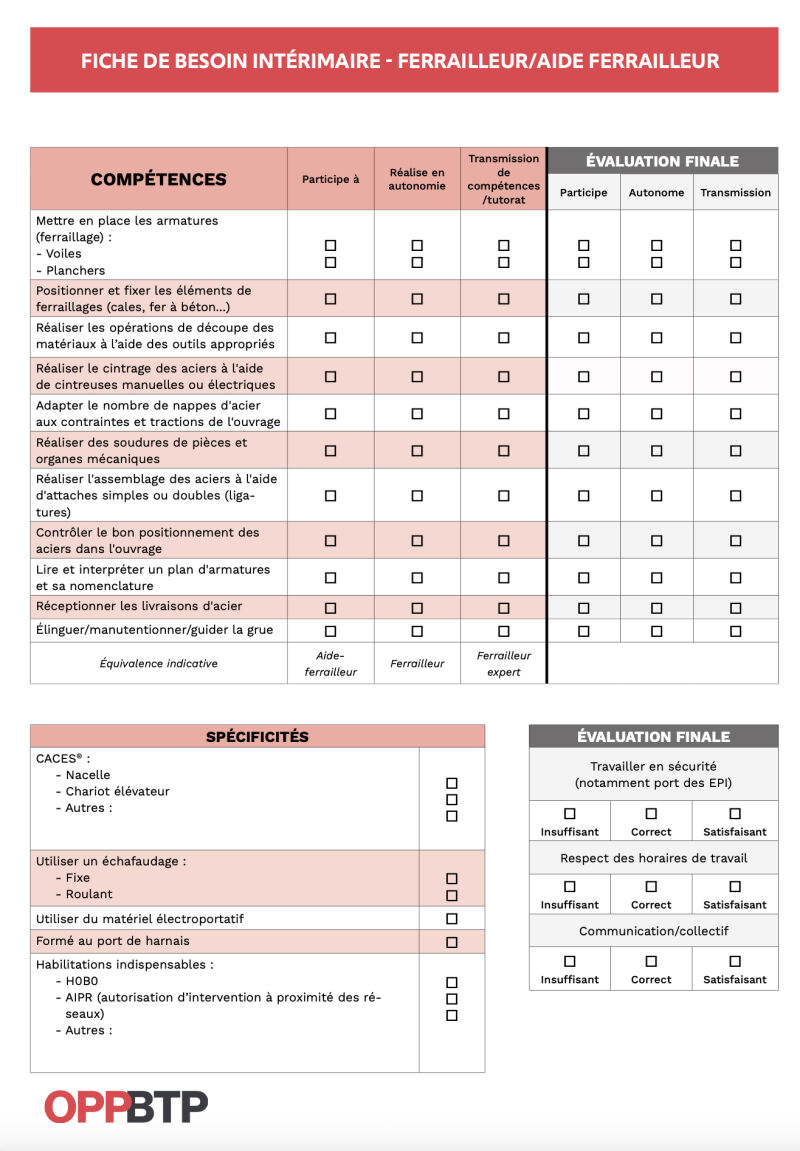 Fiche de besoin intérimaire - Ferrailleur/Aide ferrailleur