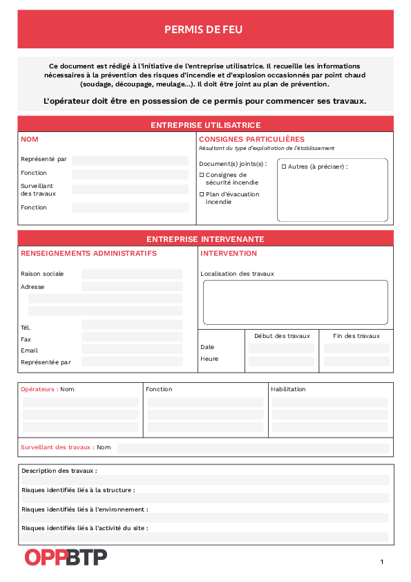 Le permis de feu : un document à établir avant tous travaux par points chauds - modèle à remplir