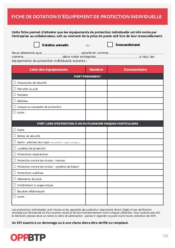 Fiche de dotation d'équipement de protection individuelle pour recenser les EPI