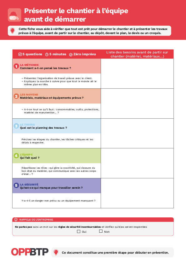 Présenter le chantier à votre équipe avant de démarrer : modèle de fiche