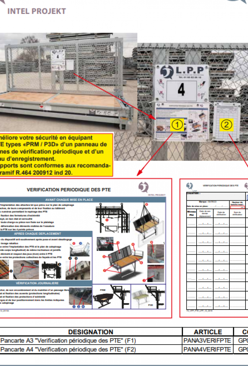 Panneau de consignes et de vérifications journalières des plates-formes de travail en encorbellement