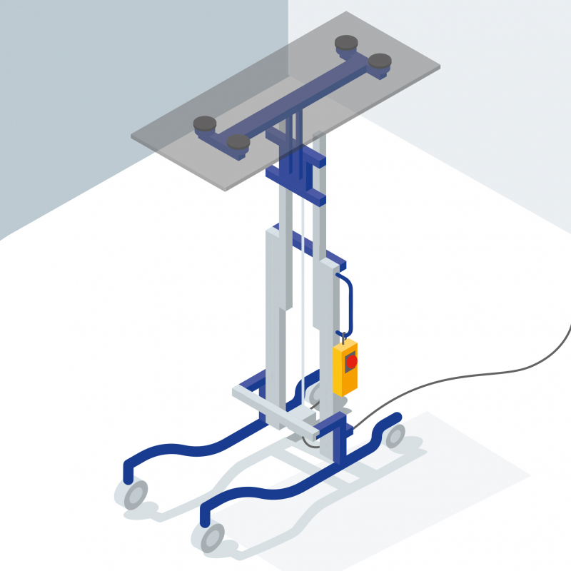 Manutention et pose de vitrages au chariot avec palonnier à ventouse
