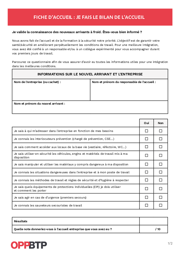 Je fais un bilan de l'accueil du nouvel arrivant dans l'entreprise de BTP