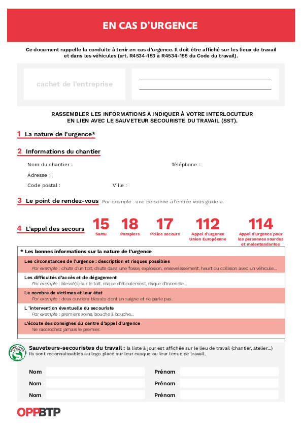 J'appelle les secours en cas d’urgence sur le chantier ou le lieu de travail