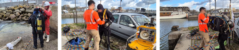08 Un opérateur aide son collègue à s’équiper pour la plongée