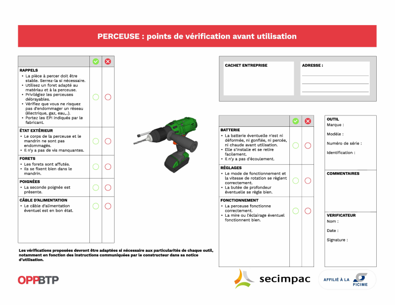 Outillage : des fiches pour effectuer les vérifications avant leur utilisation