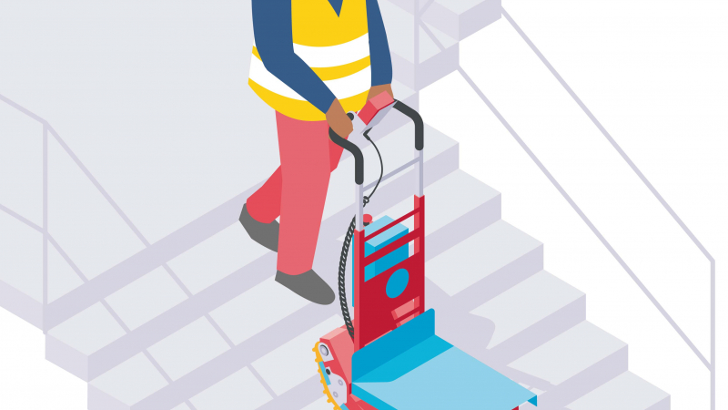 Un chariot électrique pour monter des charges dans les escaliers