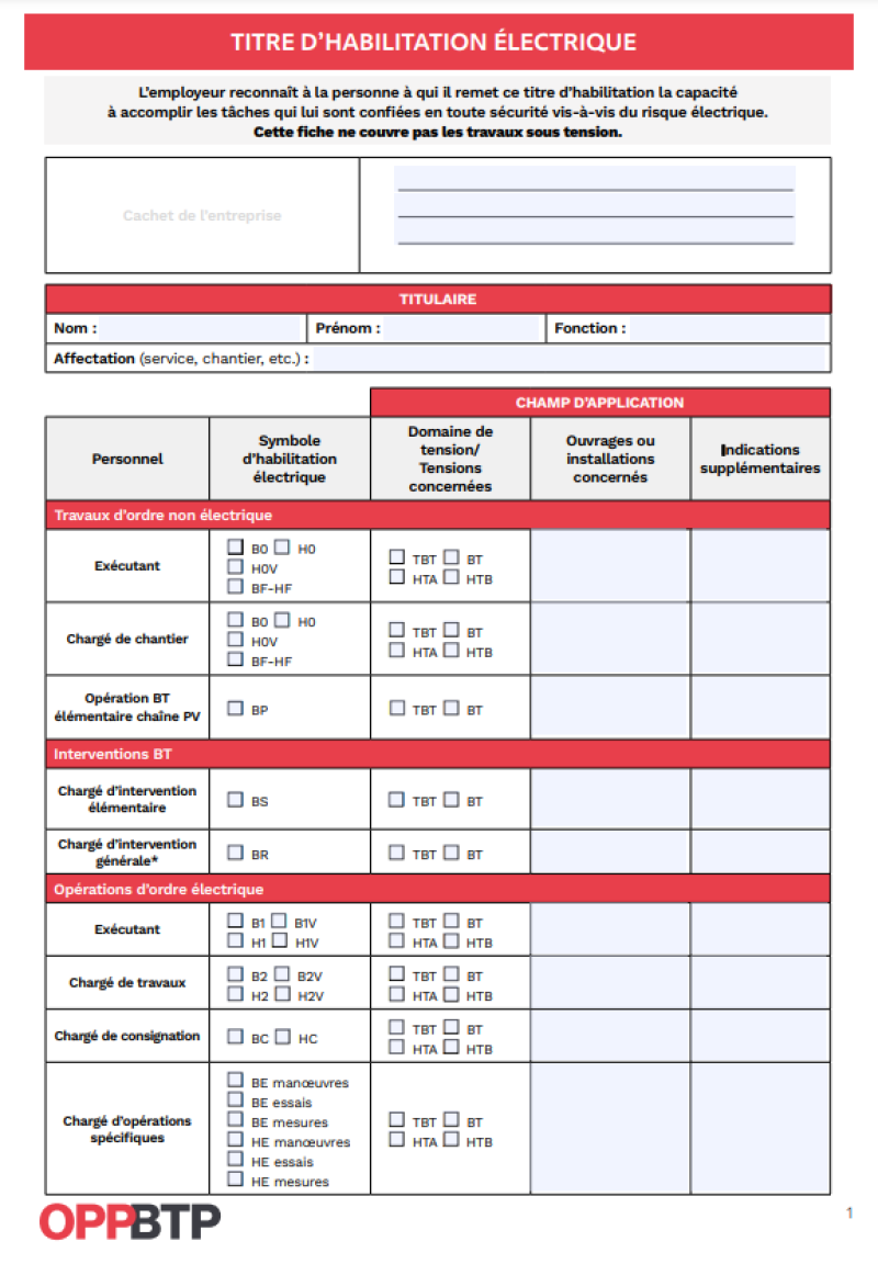 Titre d'habilitation électrique à télécharger