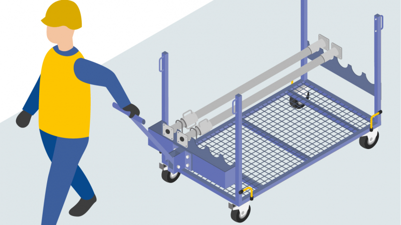 Un chariot de manutention manœuvrable pour déplacer les étais sur chantier