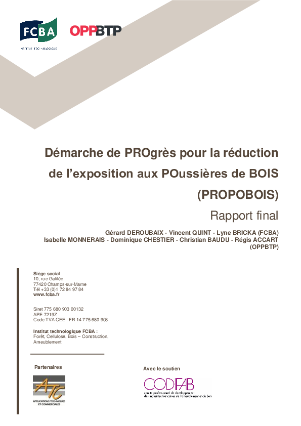 Rapport Propobois - Démarche de progrès pour la réduction de l’exposition aux poussières de bois