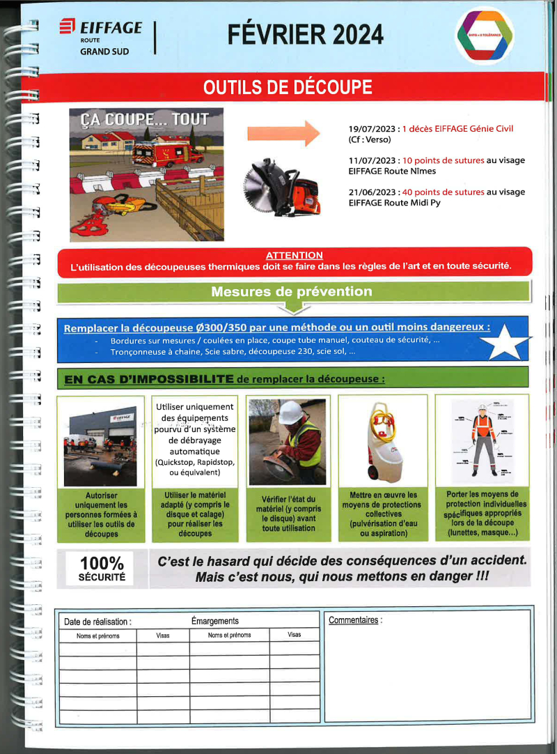 Extrait Agenda de la fiche prévention outil de découpe du mois de février
