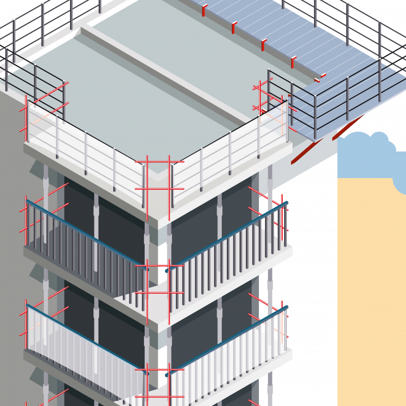 Installation de garde-corps définitifs sur balcons préfabriqués