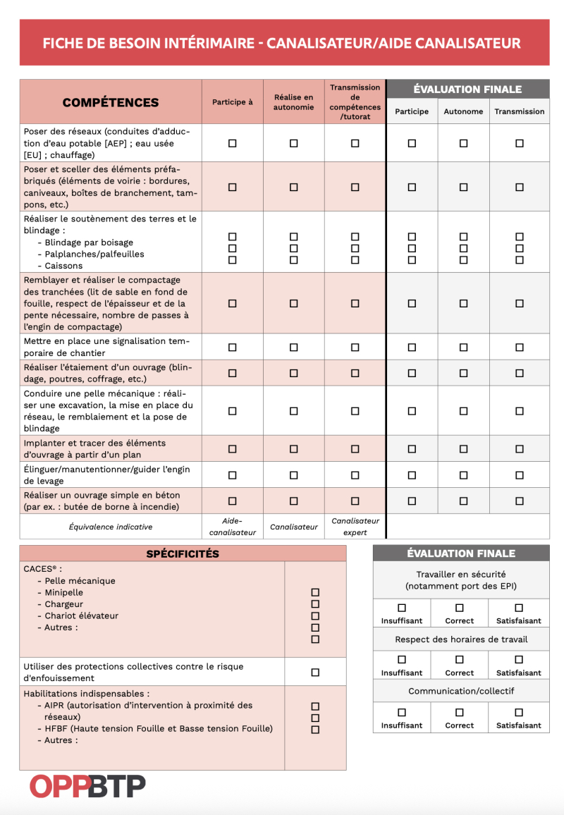 Fiche de besoin intérimaire - Canalisateur / aide-canalisateur