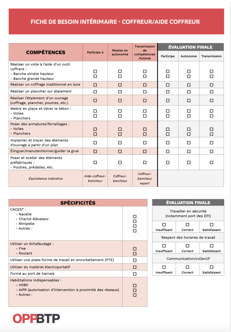 Fiche de besoin intérimaire - Coffreur-bancheur / aide-coffreur-bancheur