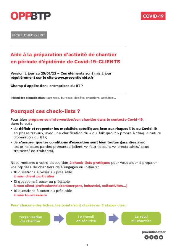 Covid-19 : Aide à la préparation d'activité de chantier avec un client particulier ou professionnel en période d’épidémie de Covid-19