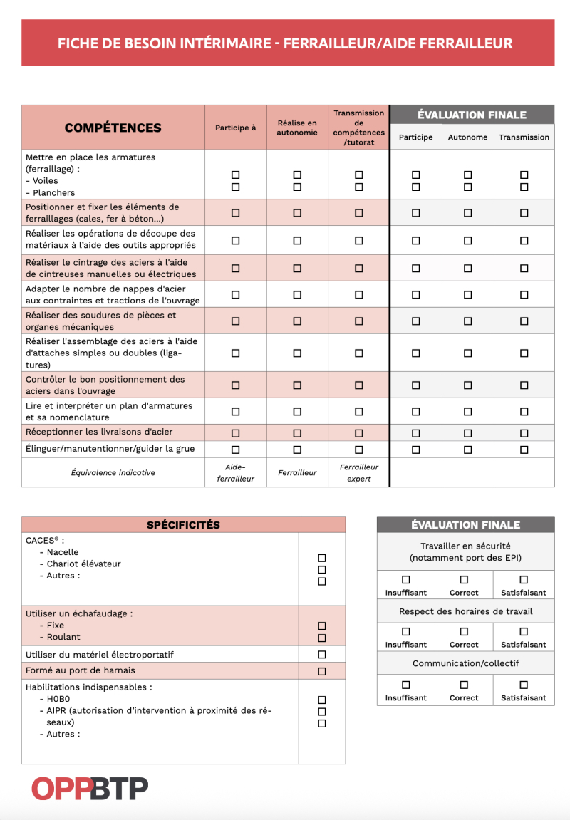 Fiche de besoin intérimaire - Ferrailleur/Aide ferrailleur