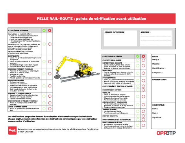 Je vérifie une pelle rail-route avant de l’utiliser