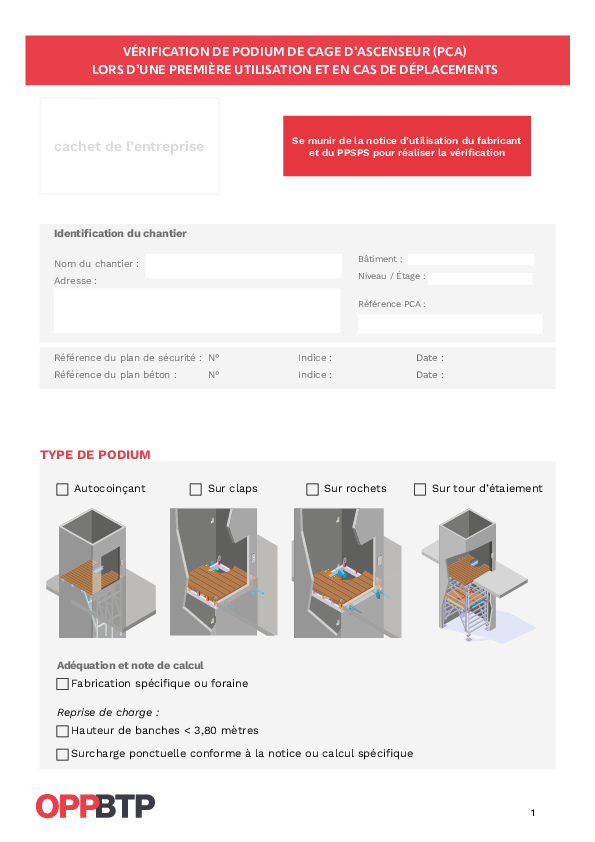 Je vérifie un podium de cage d'ascenseur lors de sa mise en service et en cas de déplacement