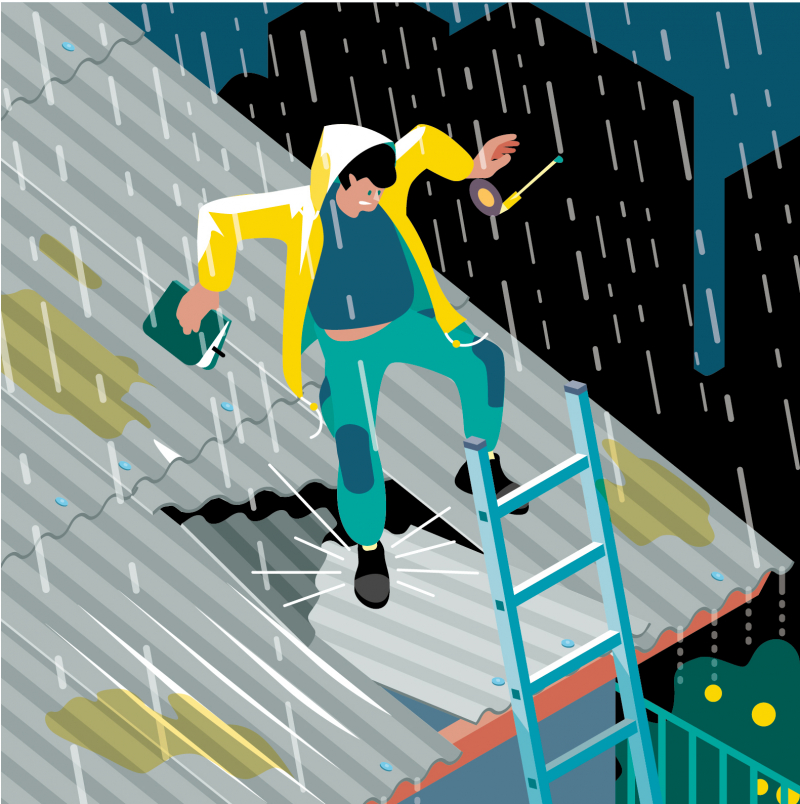 Chute au travers d'une plaque de fibrociment