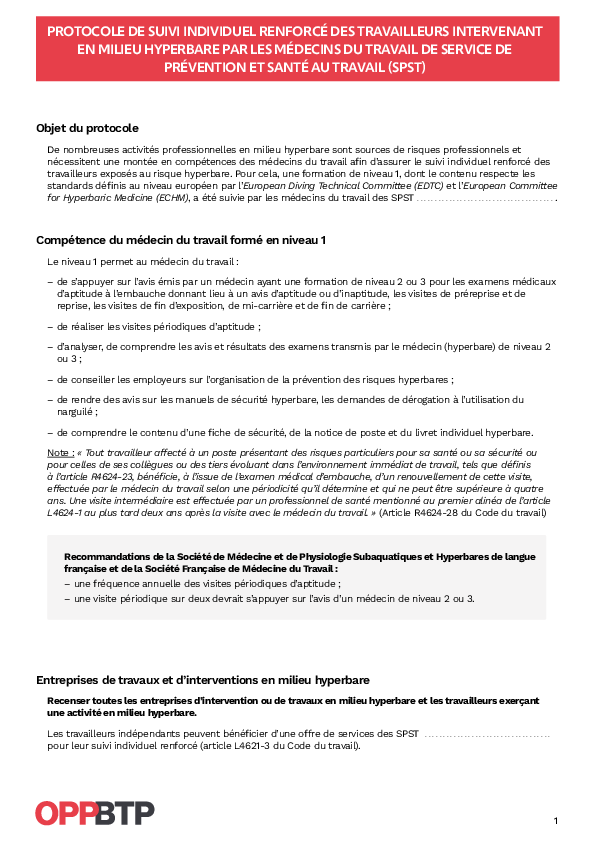 Travaux immergés : protocole de suivi individuel renforcé des travailleurs intervenant en milieu hyperbare par les médecins du travail des SPST