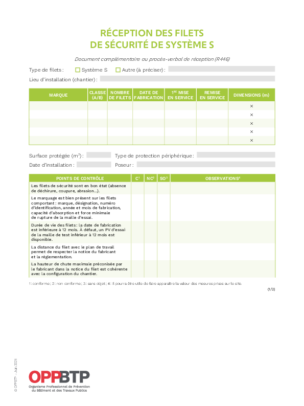 Réceptionner des filets de sécurité de système S