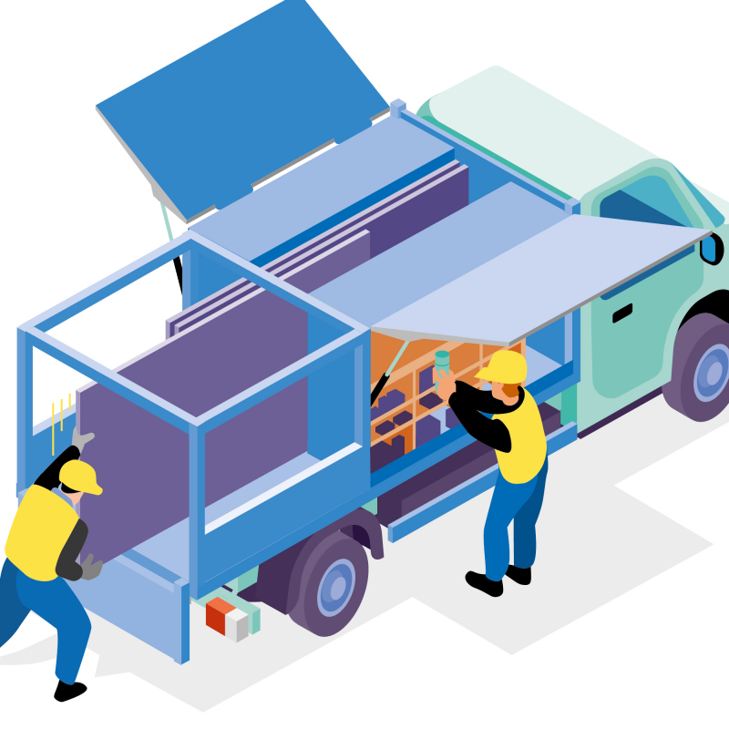 Un camion de chantier avec coffres de rangement à ouverture latérale