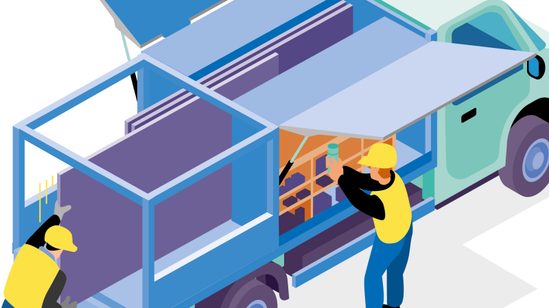 Un camion de chantier avec coffres de rangement à ouverture latérale