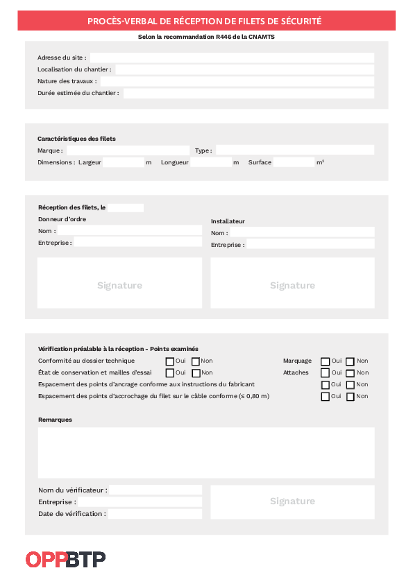 Procès-verbal de réception de filets de sécurité
