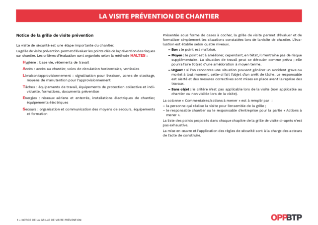 J’évalue mon chantier avec la grille de visite prévention