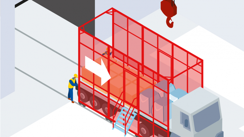 Décharger les camions plateaux sans risque de chute grâce à une cage de protection