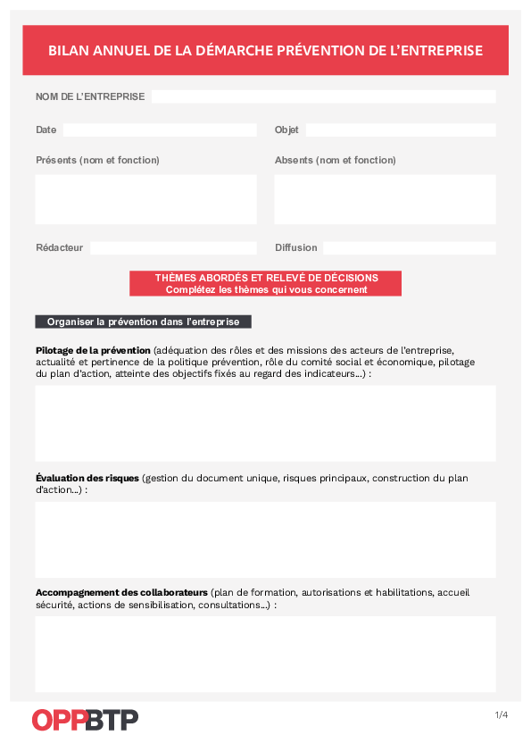 Etablir le bilan annuel de la démarche prévention de l’entreprise