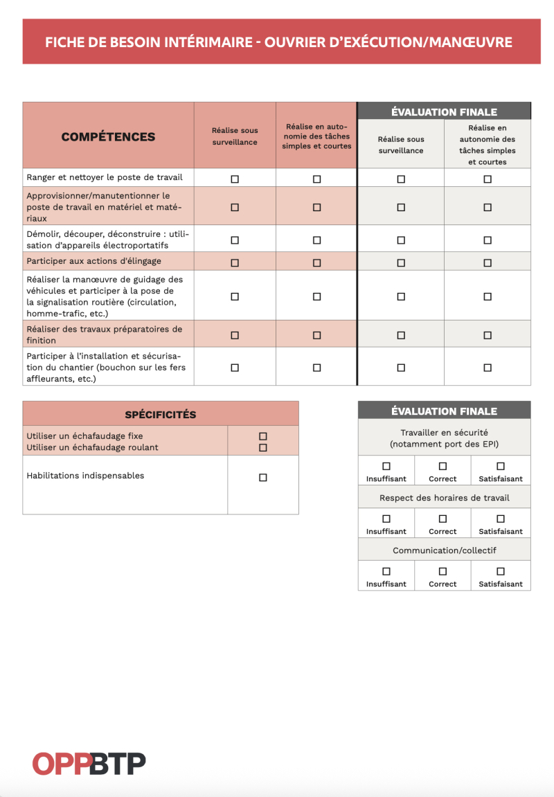 Fiche de besoin intérimaire - Ouvrier d'exécution/Manœuvre