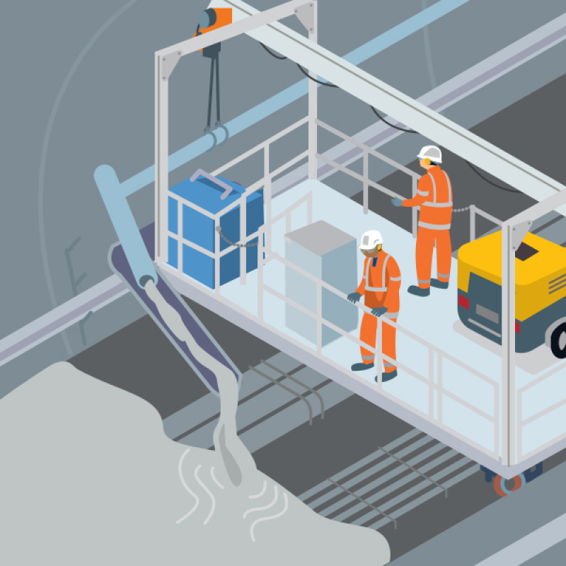 Une passerelle mobile pour faciliter le coulage du béton sous voies dans le tunnel d'un métro