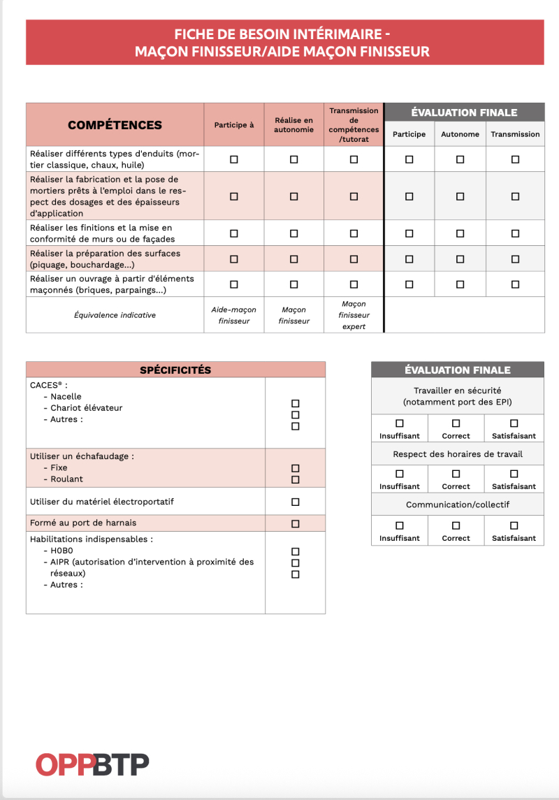 Fiche de besoin intérimaire - Maçon finisseur / aide-maçon finisseur