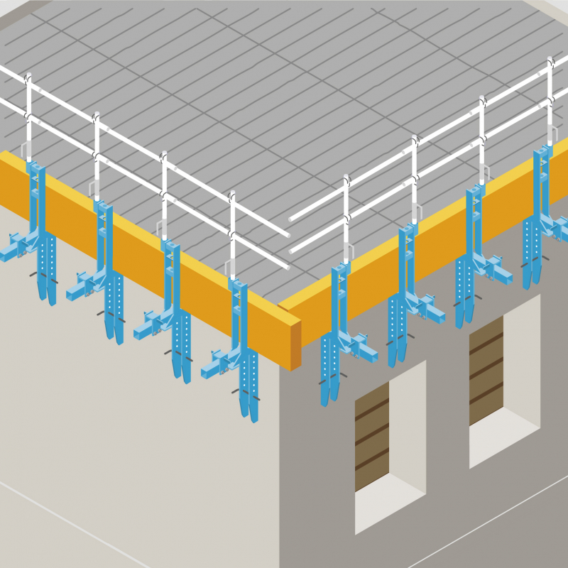 Un support de coffrage de rive de dalle intégrant les protections collectives contre les chutes