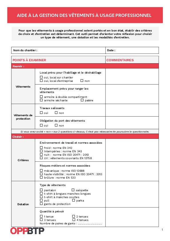 Aide à la gestion des vêtements à usage professionnel