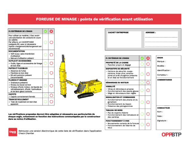 Je vérifie une foreuse de minage avant toute intervention