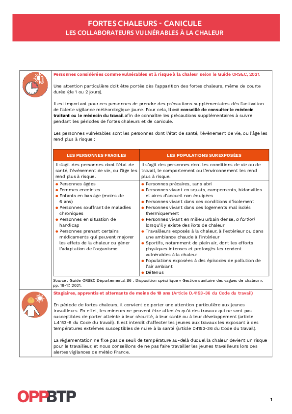 Protéger les personnes vulnérables à la chaleur et les jeunes travailleurs des effets de fortes chaleurs ou de canicule dans le BTP