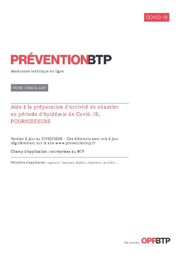 Covid-19 : Aide à la préparation d'activité de chantier avec un fournisseur en période d’épidémie de Covid-19