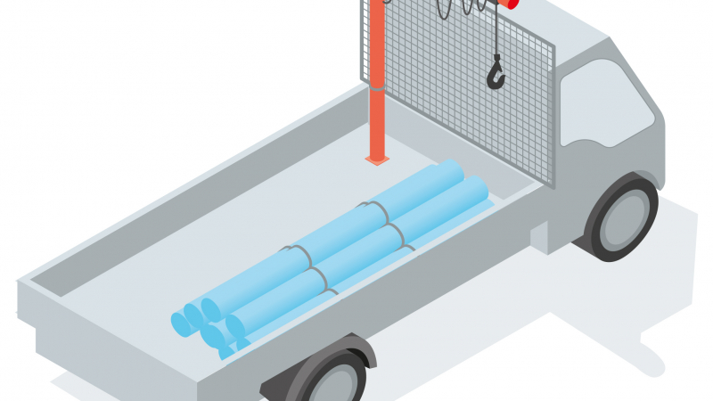 Charger et décharger des équipements et produits encombrants avec un camion benne équipé avec une potence de levage