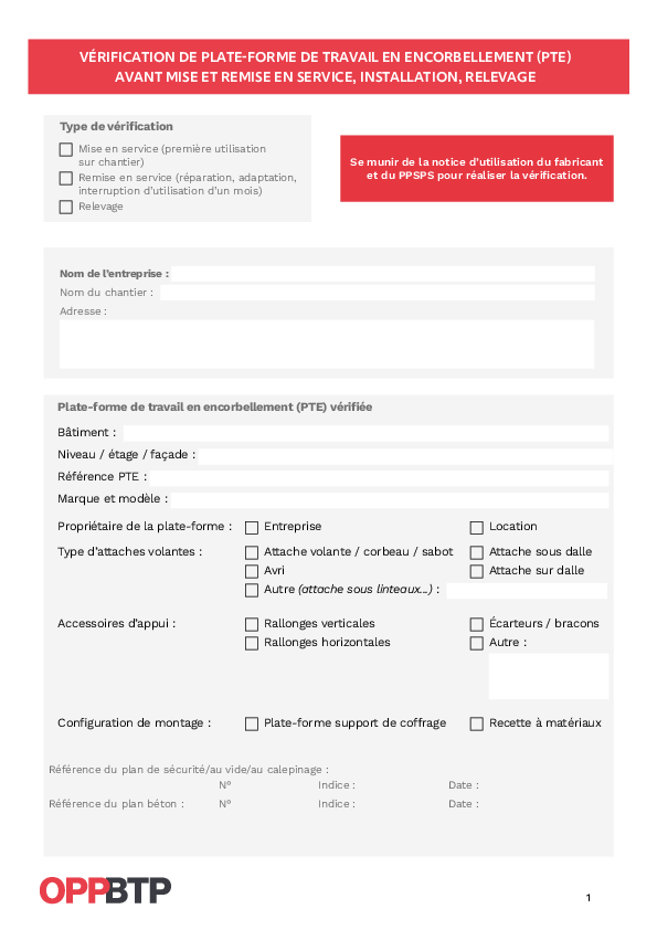 Je vérifie une plate-forme de travail en encorbellement (PTE) avant sa mise et sa remise en service, son installation et son relevage