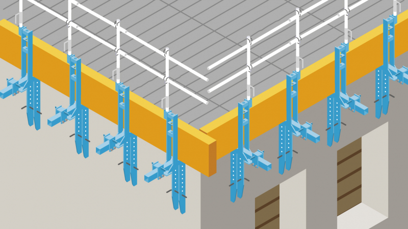 Un support de coffrage de rive de dalle intégrant les protections collectives contre les chutes