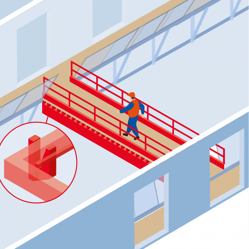 Une passerelle métallique entre deux bâtiments en construction pour éviter les escaliers