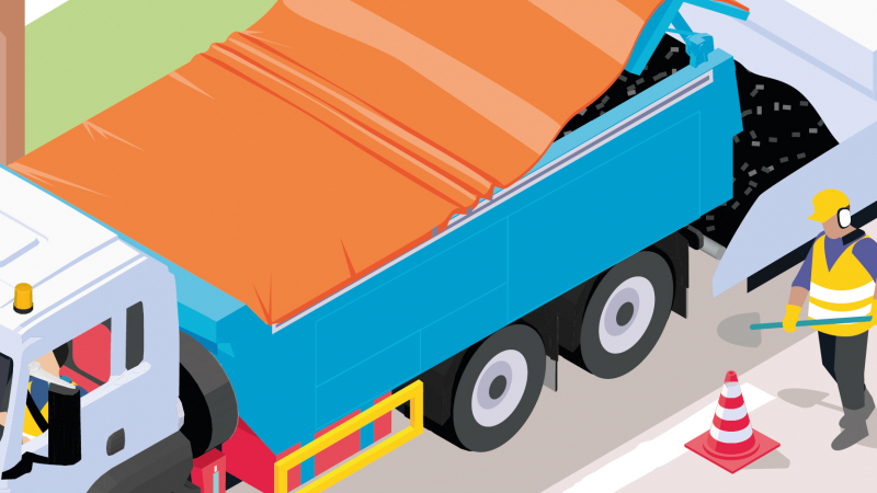 Ejecter les enrobés sur la route en sécurité grâce à une benne à fond poussant