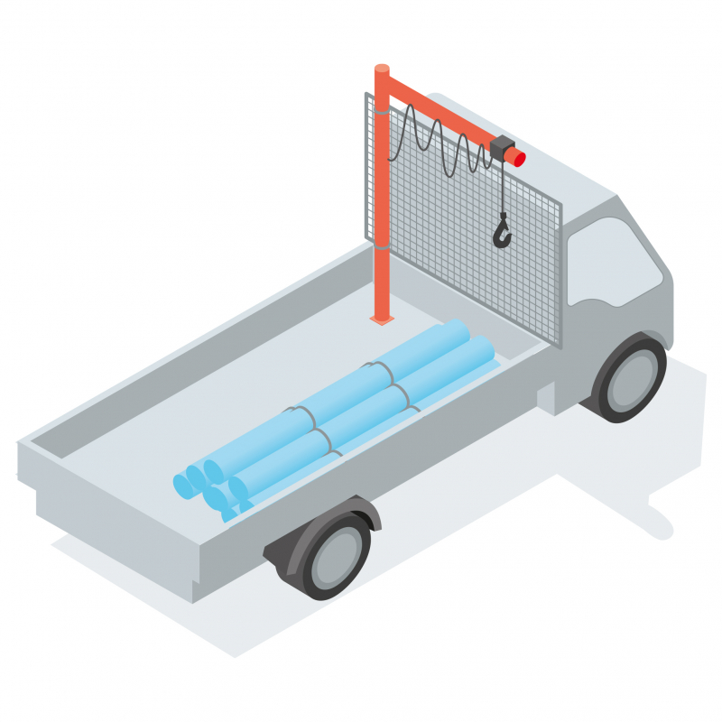 Charger et décharger des équipements et produits encombrants avec un camion benne équipé avec une potence de levage