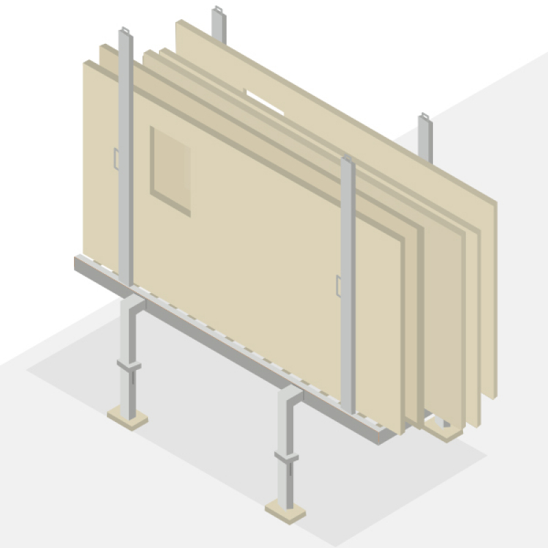 Un plateau mobile pour stocker et transporter les murs et panneaux à ossature bois