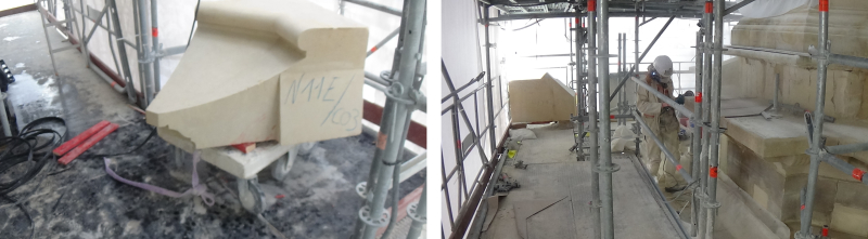 Plateau à roulette permettant le déplacement des pierres / Pierre stockée à proximité de son lieu de pose, à disposition pour prise de cote pendant la refouille.