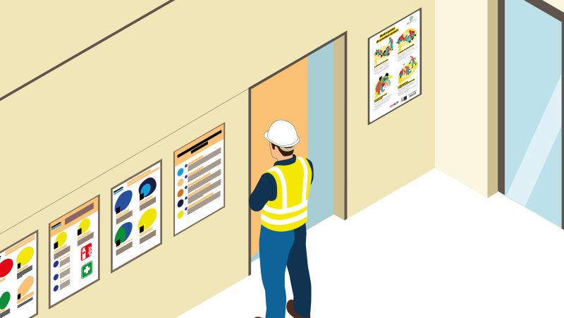 Accueillir les nouveaux arrivants du BTP avec des affiches prévention dans le couloir d'entrée