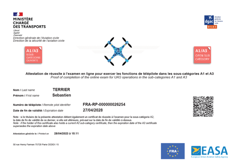 SGA Drones - formation - Illustration 3 - exemple attestation réussite sous-catégorie A1/A3